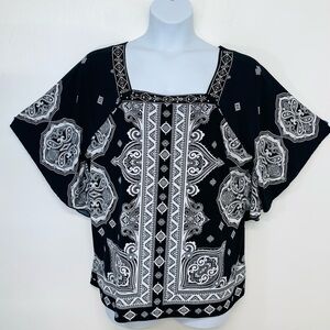 Jm Collection Knit Top Woman 1X Black White Abstract Beaded Flare Sleeve Stretch